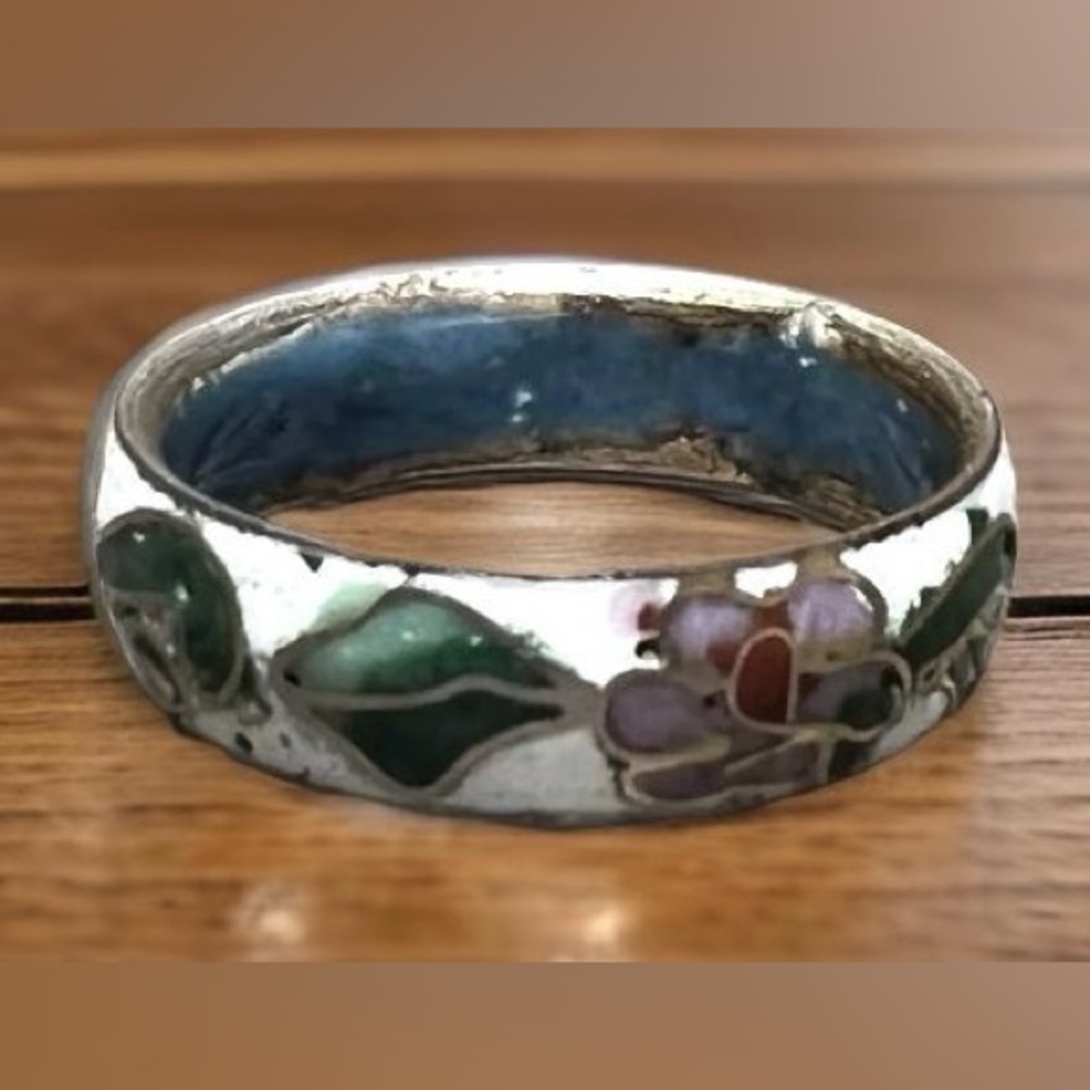 Antique Handmade White & Pink Flower Enamel Cloisonné Ring, Size 7.5
